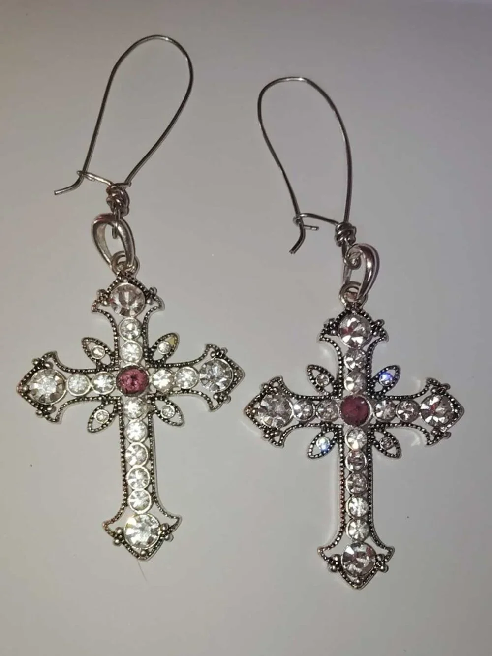Upcycled Cross Earrings Silver tone with diamond like and purple rhinestones - Picture 1 of 7